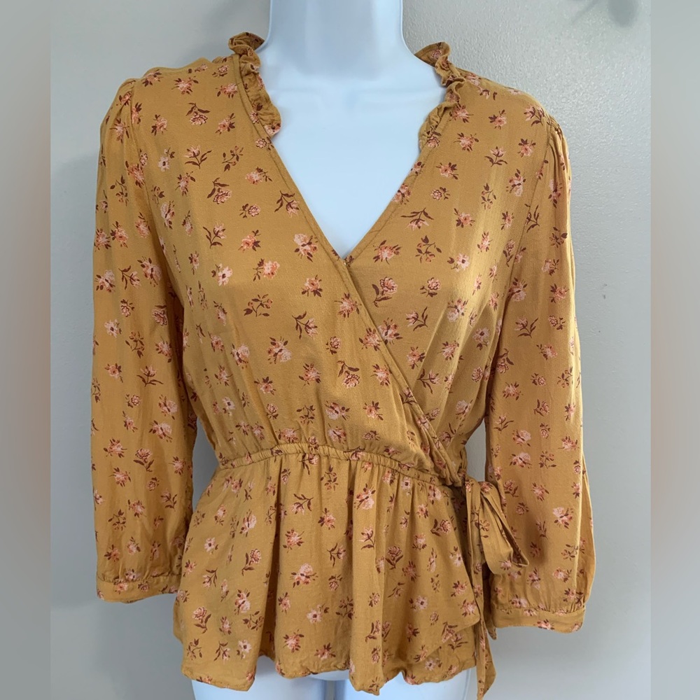 Lucky Brand Yellow Wrap Blouse with Ruffled Peplum